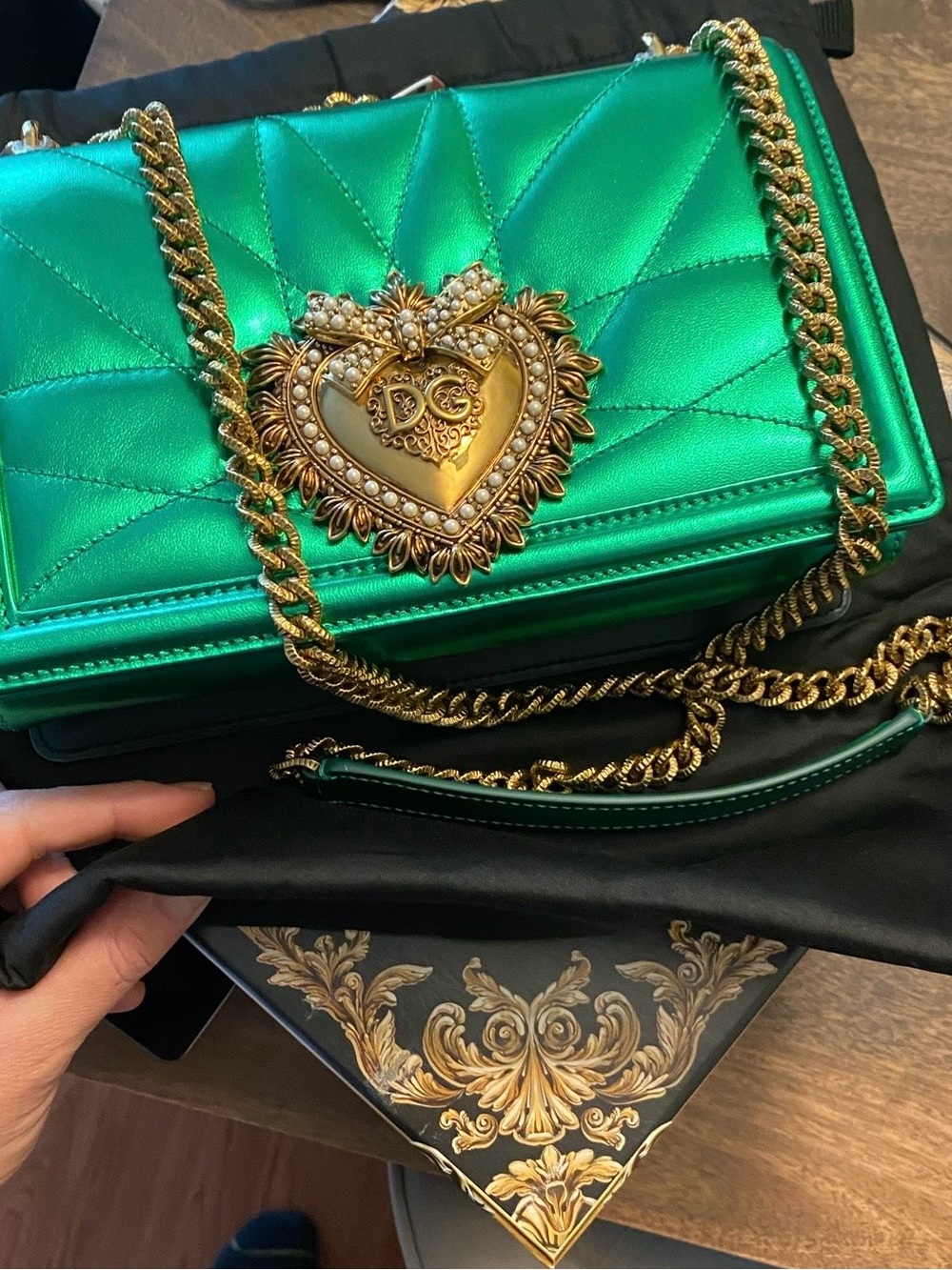 Dolce & Gabbana Metallic Emerald Quilted Devotion Crossbody with Gold Heart